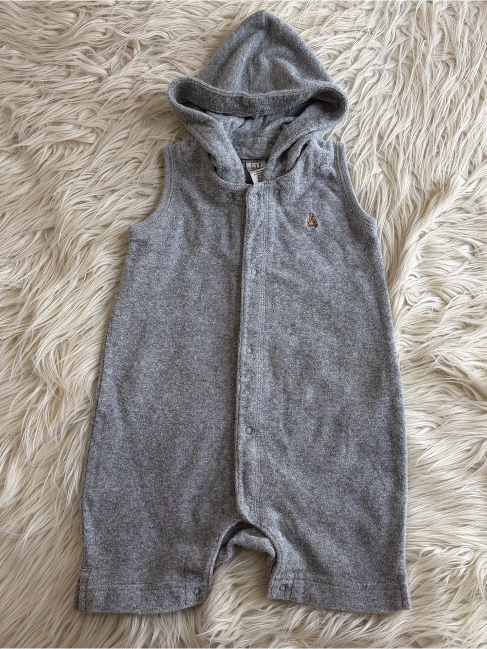 Vintage Y2K Baby Gap Grey Terry Cloth Romper One Piece Hooded Size 6-12 Months